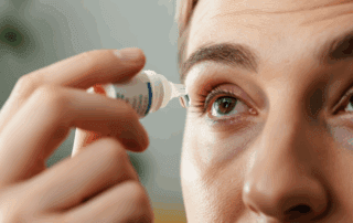 Person applying lubricating eye drops to relieve dry eye symptoms.